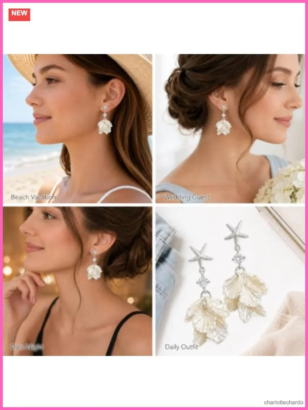 Starfish Shell Drop Earrings Pearl Dangle Silver Tone Ocean Statement